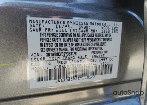 2025 Nissan Sentra Sv из США, поврежденный, VIN 3N1AB8CV8SY363128